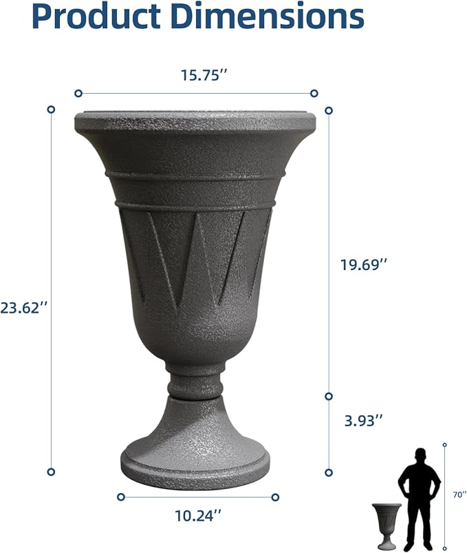 Tall Urn Planters for Outdoor Plants Set of 2-23.6" H Vintage Trophy Design Outdoor Planters for Porch Decor with Drainage Hole, Indoor Large Flower Pots, Pedestal Planter/Garden Vase, Gray
