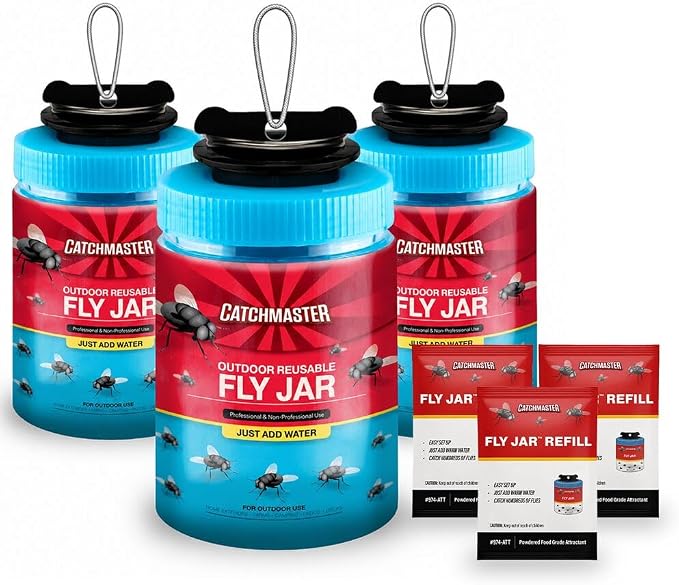 Catchmaster Reusable Outdoor Fly Trap, 3 Hanging Blue Jars with Bait | Catches All Species of Fly, Fly Traps Outdoor w/ Food Based Lure, Odor Attracts Flies Away From People, Refill & Reuse
