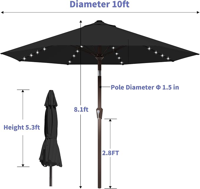 Kingdura 10FT Outdoor Patio Umbrella with Solar Lights, Market Table Umbrella with Push Button Tilt & Crank, 8 Sturdy Ribs, 32 LED Lights, UV Protection for Garden Lawn Deck Backyard Pool (Black)