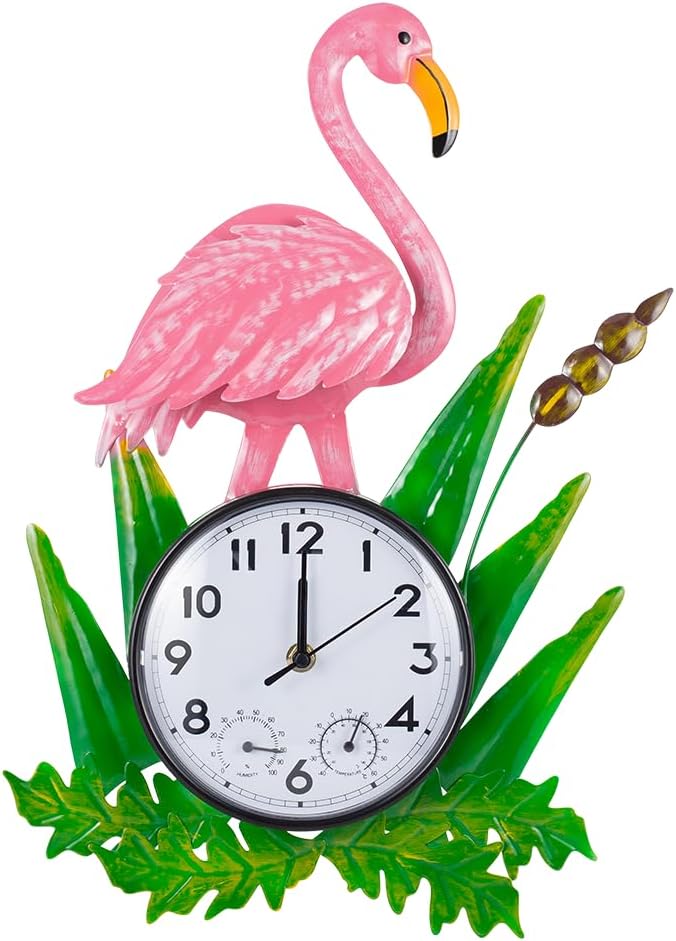 Outdoor Clock Silent Non-Ticking, Outdoor Wall Clocks with Thermometer & Humidity, Quartz Clocks Waterproof Decor for Patio Garden Living Room（Pink Flamingo）