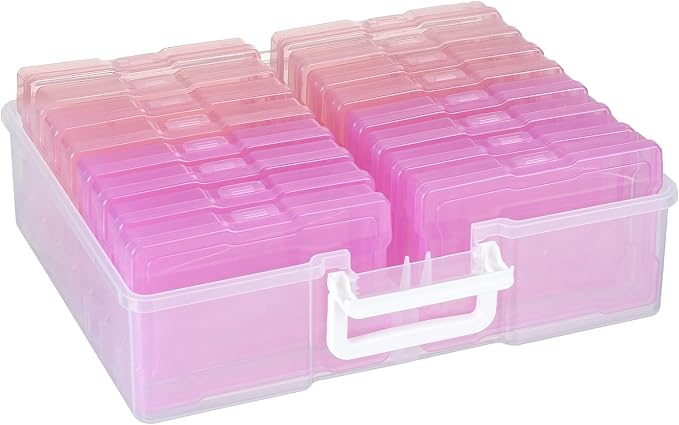4" x 6" Plastic Photo Storage Case with 16 Inner Photo Containers Boxes Greeting Cards Containers Boxes Storage, Seed Storage Perfect for Storing Pictures,Photos and Cards (Pink)