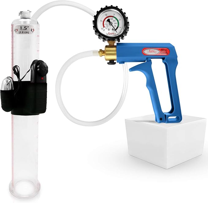 LeLuv Vibrating Penis Pump Maxi Blue Handle + Protected Gauge - Bundle with Clear Hose - 12 inch Length x 1.50 inch Diameter Cylinder