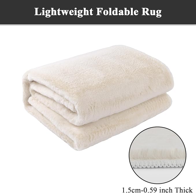 SHACOS 5x7 Ultra Soft Faux Rabbit Fur Area Rug, Non Slip Machine Washable Living Room Rugs, Fluffy Cozy Indoor Modern Carpet for Bedroom Dining Room Table Kids Room Dorm Floor Mats, Cream