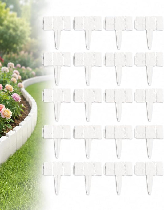 Faux Stone Garden Fence No Dig Landscape Edging Border (White, 20pcs) | Plastic interlocking panels create a rock look for flower beds lawn pathways patio yard decor