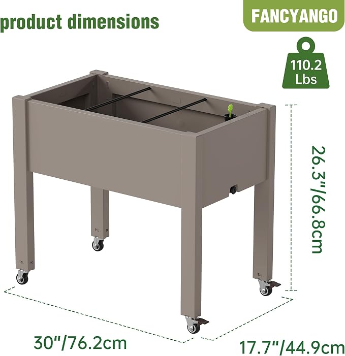 Elevated 26.3" Tall Raised Garden Bed with Wheels - Outdoor Mobile Resin Planter Box with Drainage Holes for Vegetables Flower Herbs, Weather Resistant, Medium Gray (26.3" h)