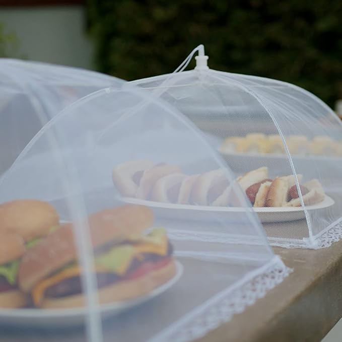 Simply Genius Mesh Food Covers for Outdoors - 2 Jumbo (39x24 in) & 4 Large (17x17 in), White Collapsible 6-Pack - Pop-Up Reusable Food Nets & Tents for Outdoor Serving & Picnics with Bug Protection