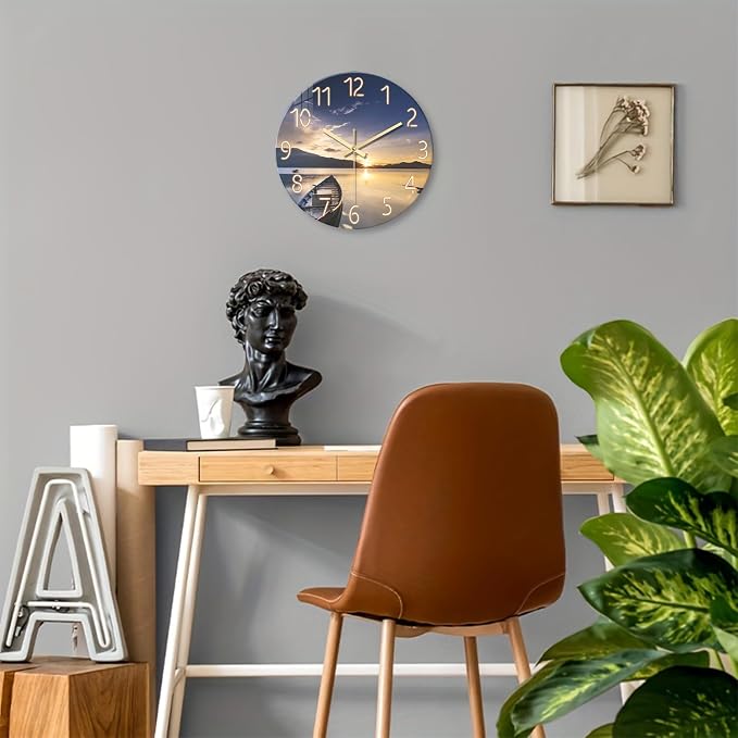 Round Glass Wall Clocks Battery Operated 14 Inch | Sunset Wall Clock for Bedroom Living Room Kitchen Office Silent Wall Clock Non Ticking