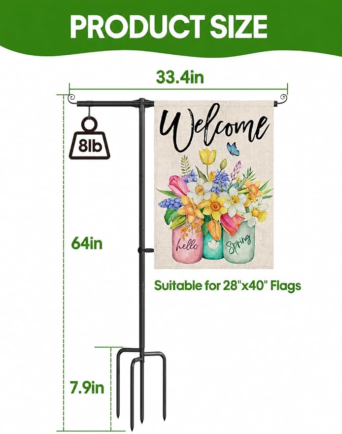 Garden Flag Stand Holder 64" Heavy Duty Pole Stainless Steel Holder | 3/4" Diameter with Shepherd Hooks and 4-Prong Base for 28x40 Flags, Rust-Resistant for Outdoor Yard Lawn Decor All Holidays