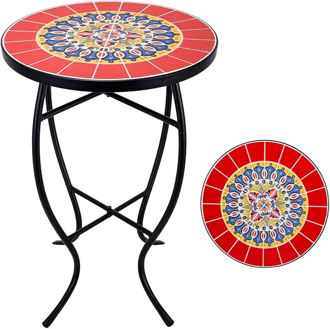 Mosaic Outdoor Side Table Small Round Patio Table Plant Stand | 21" Accent End Table with 14" Ceramic Tile Top for Small Spaces Porch Pool Garden Decor Indoor Living Room Bedroom Balcony