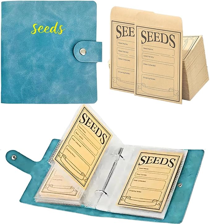 Seed Storage Organizer Binder, PU Seed Packet Organizer with 50 Clear Pockets(25 Pack Sheet Sleeves) and 50 Pack Seed Envelopes, Garden Seed Holder Book, Flower Plant Seed Keeper Blue