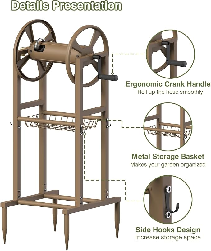 Freestanding Garden Hose Reel holds 125ft Hose of 5/8" with 4 Hooks, 4-Spike Outdoor Hose Holder with 3.9ft Leader Hose & Brass Fitting, Detachable Metal Hose Stand with Storage Rack, Brown