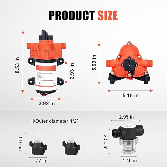 RV Water Pump on Demand Water Pressure Self-Priming Diaphragm Pump with Pressure Switch Quiet for Camper Marine Garden Boats Home Kitchen Bathroom Irrigation Rain Barrel (12V 3.5GPM 50PSI)