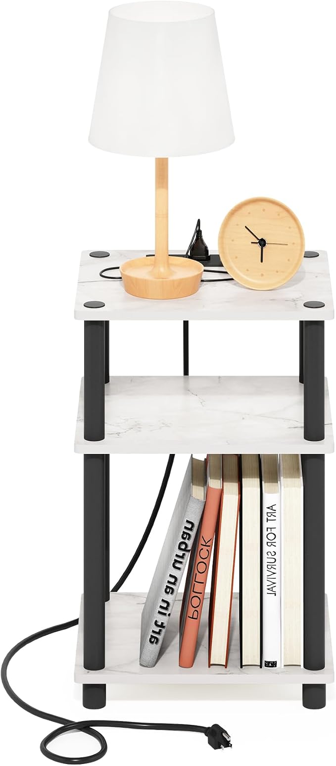 Furinno Just 3-Tier Turn-N-Tube USB and Type-C Charging Port End Table with Open Storage, 11.42 (W) x 8.82 (H) x 6.77 (D) inches, Marble White/Black