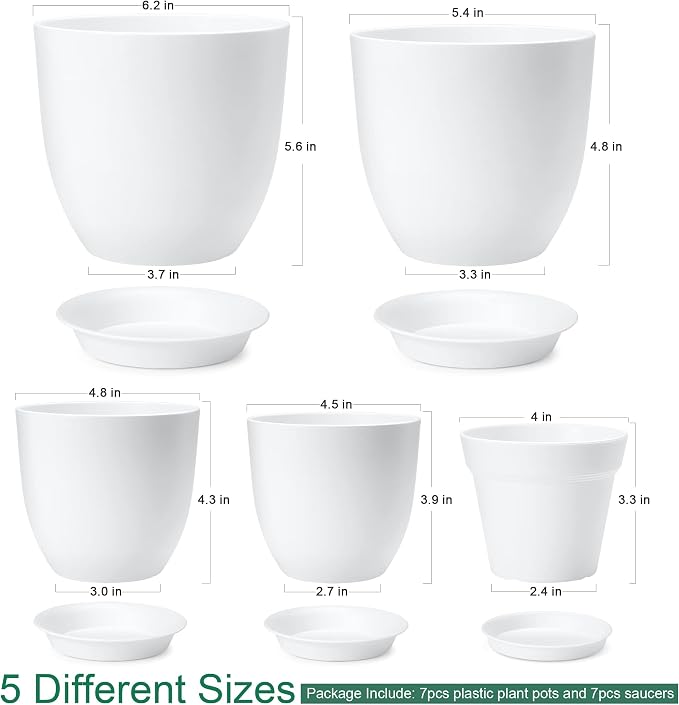 7 Pack Mix Size Plastic Plant Pots, 6.2/5.4/4.8/4.5/4 inch Indoor Planters with Drainage Holes and Tray, Thickened Plastic Flowers Pots for Plants, Succulents, Snake Plant and Cactus, White