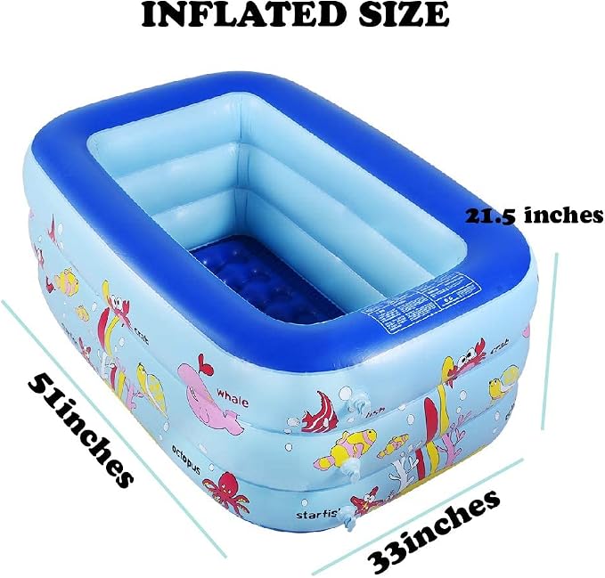Inflatable Kiddie Pool, 51" x 33" x 21" Higher Kids Swimming Pool for Indoor or Outdoor, Ocean World Inflatable Bathtub with Inflatable Soft Floor, Ball Pit Pool