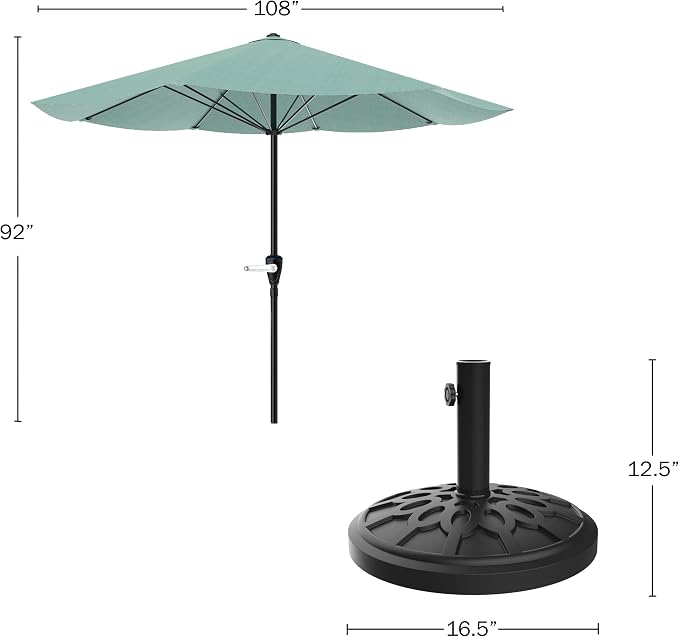Pure Garden Patio Umbrella with Stand 9 Ft Easy Crank Sun Shade with 19lb Weighted Base for Deck, Yard, Outdoor Furniture, or Pool (Dusty Green)