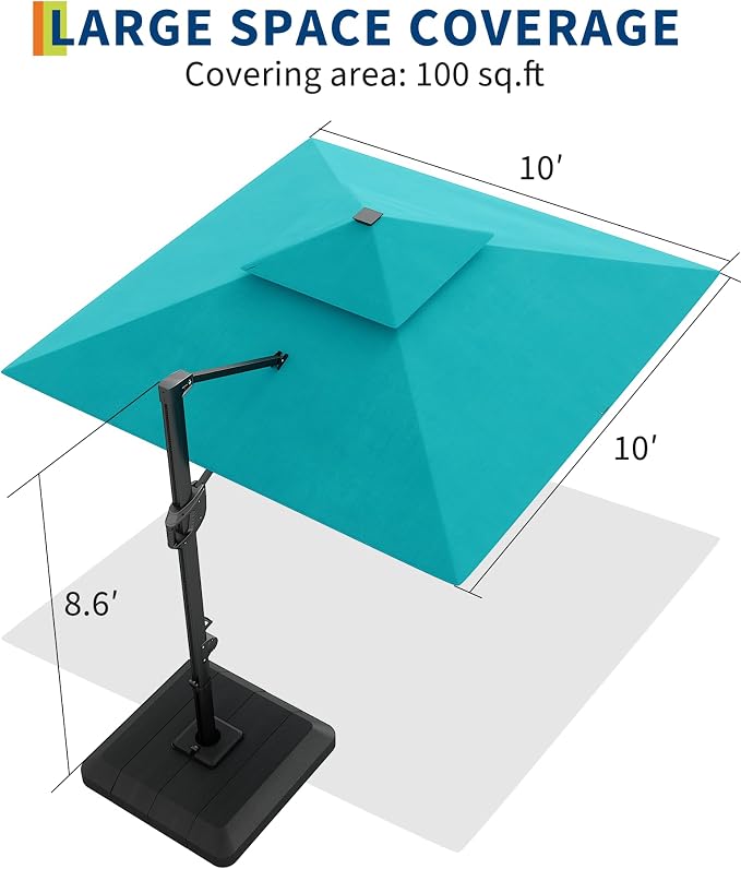 GarveeLife 10 ft x 10 ft Heavy Duty Cantilever Patio Umbrella with Solar LED Lights & Weighted Base, 2-Tier Square Aluminum Offset Umbrella with 360-Degree Rotation for Backyard, Deck, Pool, Blue