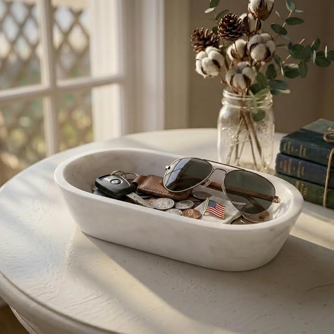 Radicaln Marble Dough Bowl 10" Inches White Handmade Oval Bowl For Kitchen Table Décor, Ideal Candy Bowl, Decorative Bowl and Marble Bowl For Keys Entryway Table