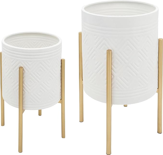 Decorative Flower Pots with Metal Stand for Home Decor - Modern Planters for Hallway, Entryway, and Living Room Decor - Indoor and Outdoor Pots for Plants - Set of 2, 23", 19", White & Gold
