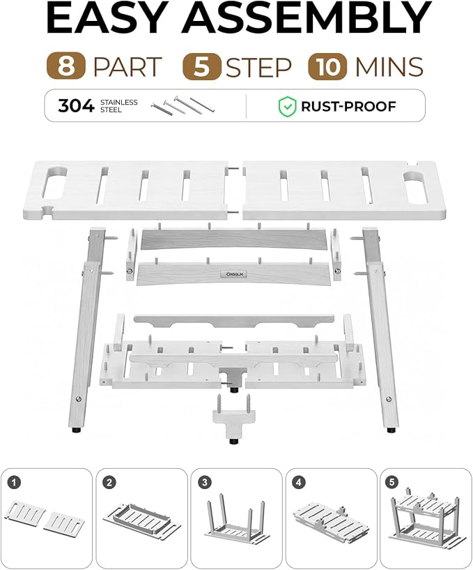 28" Extra Large Shower Bench, HDPE Waterproof Shower Chairs Seat, Adjustable and Non-Slip Feet, Shower Stool for Inside Shower to Sit On, Indoor/Outdoor Use, As Porch Bench, Garden Entryway, White