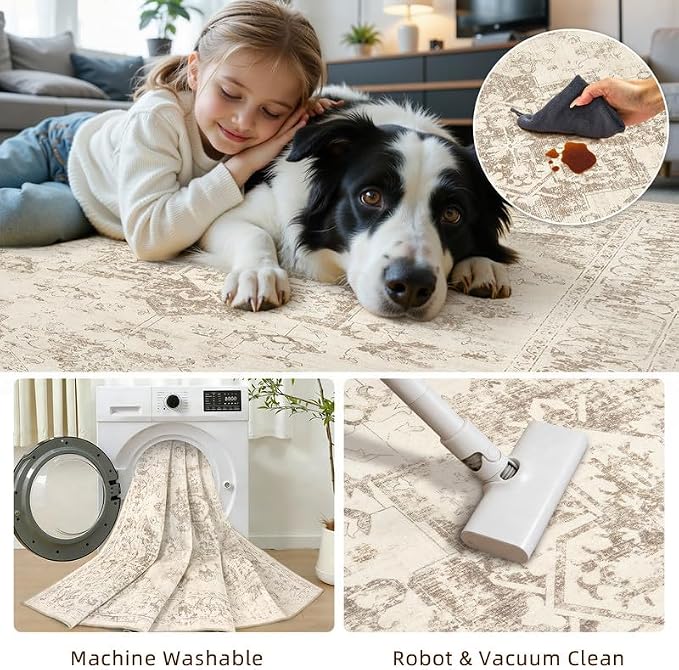 3x5 Area Rugs Living Room: Bedroom Washable Carpet Beige/Ivory | Vintage Boho Soft Small Indoor Decor Floor Non-Slip Low Pile Neutral Farmhouse Entryway Laundry Bathroom Bedroom Beside Rugs