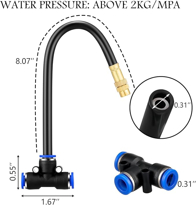 Zonon 15 Pcs Brass Misting Nozzles Tee with 8" Built in Hose for 0.32"/8 mm Tubing 360 Degree Rotation Adjustable Water Mister Nozzle Thread Sprayer Misting Part Accessories for Patio Outdoor Cooling
