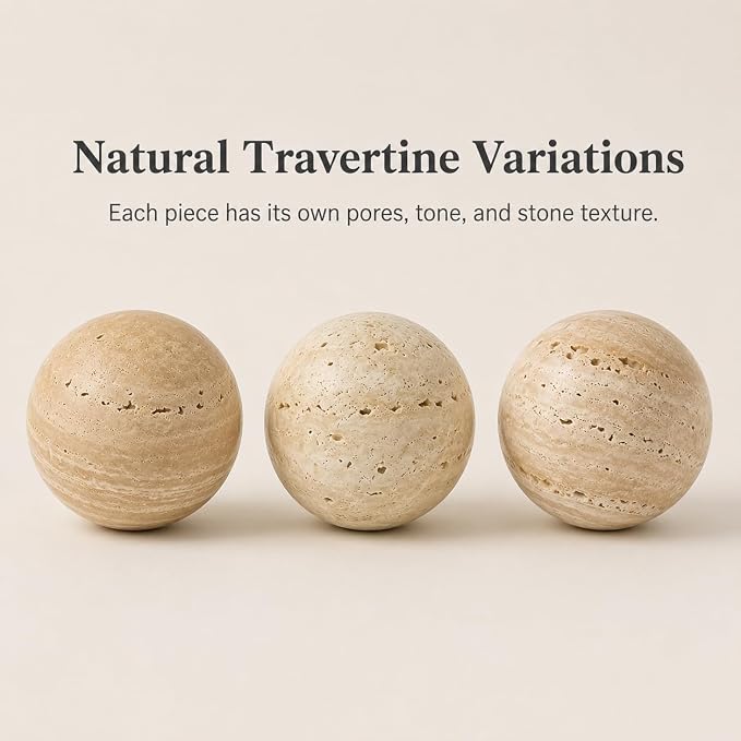 Natural Travertine Decorative Sphere, 2.36 Inch Stone Ball Decor, Hand-Polished Beige Orb Accent for Shelves, Dressers, Trays and Coffee Table