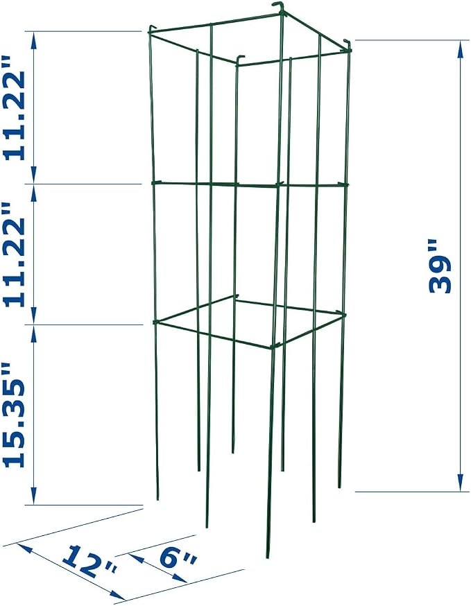2 Pack 12x39 Inch High Green Folding Square Tomato Cages | Tall Plant Support, Tomato Trellis, Metal, Peony Cage Peony Support