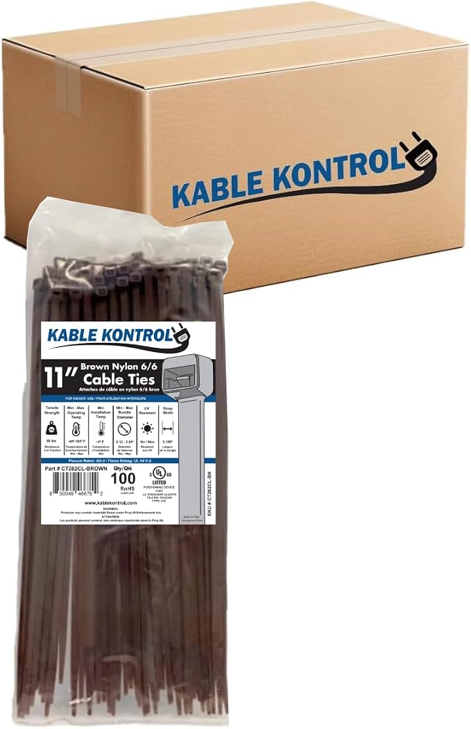 Kable Kontrol Brown Zip Ties 11 Inch 8,500 Pcs, 50 Lbs Tensile Strength, Bulk Pack, Self-locking Nylon Colored Cable Ties Wire Wraps for Indoor or Outdoor Use
