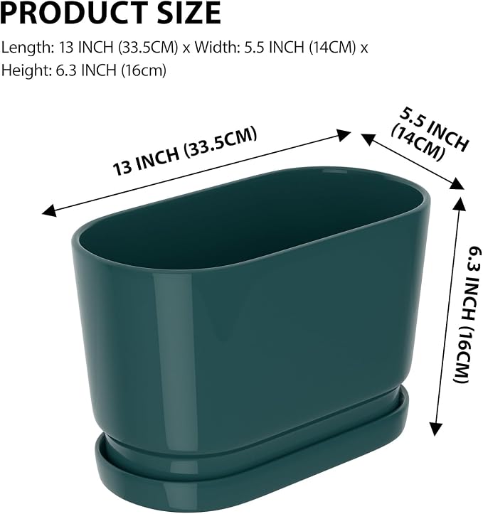 13" Rectangular Ceramic Planter with Drainage and Saucer, Green | Indoor Outdoor Use, 13"L x 5.5"W x 6.3"H, Modern Home Decor, Window Box Planter, Green Glossy Finish