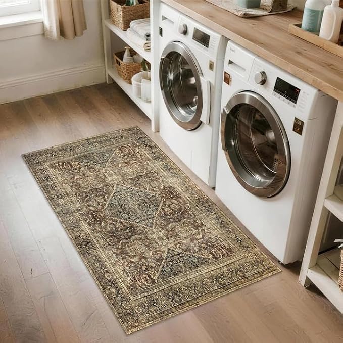 Brown 3x5 Rug Non-Slip: Washable Area Rug for Bedroom Entryway Kitchen Bathroom Indoor - Vintage Home Decor Mat Carpet - Oriental Dark Brown