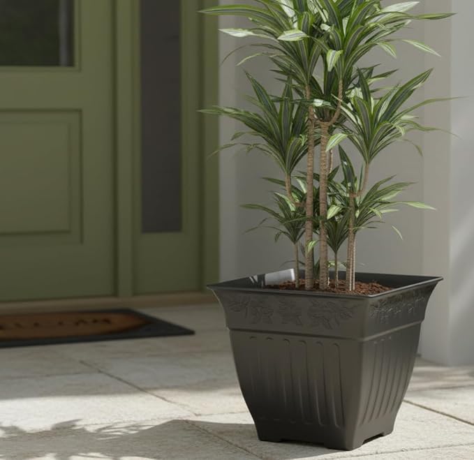 BTPLASTIK 18 inch Large Square Planter for Plants - 4 Pack Decorative Black Plastic Flower Pots with Drainage Holes & Raised Base, 14 Gallon Vintage Garden Pot for Outdoor, Patio, Porch (15" Tall)