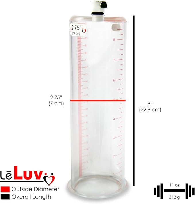 LeLuv Vibrating Penis Pump Maxi Red Handle + Protected Gauge and Clear Hose - 9 inch Length x 2.75 inch Diameter Cylinder
