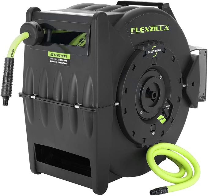 Flexzilla Levelwind Retractable Air Hose Reel, 3/8 in. x 75 ft., Heavy Duty, Lightweight, Hybrid, ZillaGreen - L8306FZ