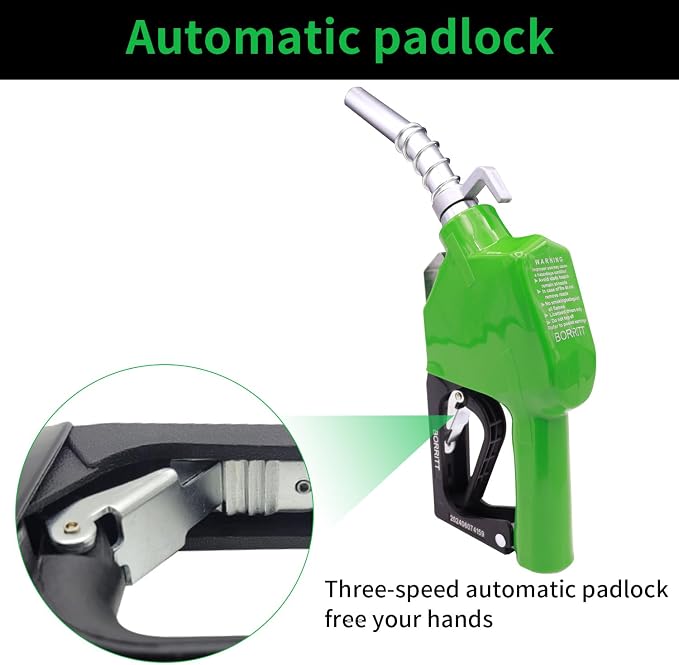 Green 3/4" Inch NPT Automatic Shut-Off Fuel Nozzle With Hook 13/16"Spout Max Flow Rate 16 GPM Perfect For Industry,Transportation Used for diesel,gasoline,kerosen