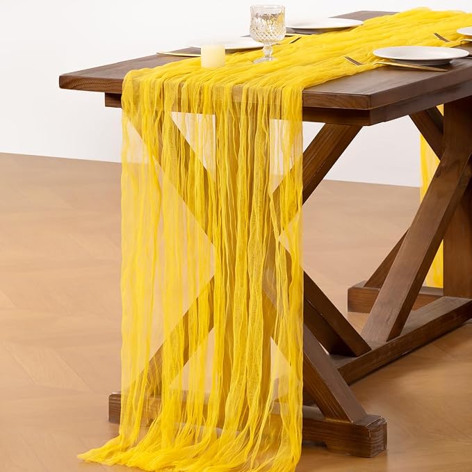Socomi Yellow Cheesecloth Table Runner Tulle Gauze Cheese clothBoho Rustic 120 inch 10FT Runner for Wedding Party Baby Shower Birthday Holiday Decorations 3pcs