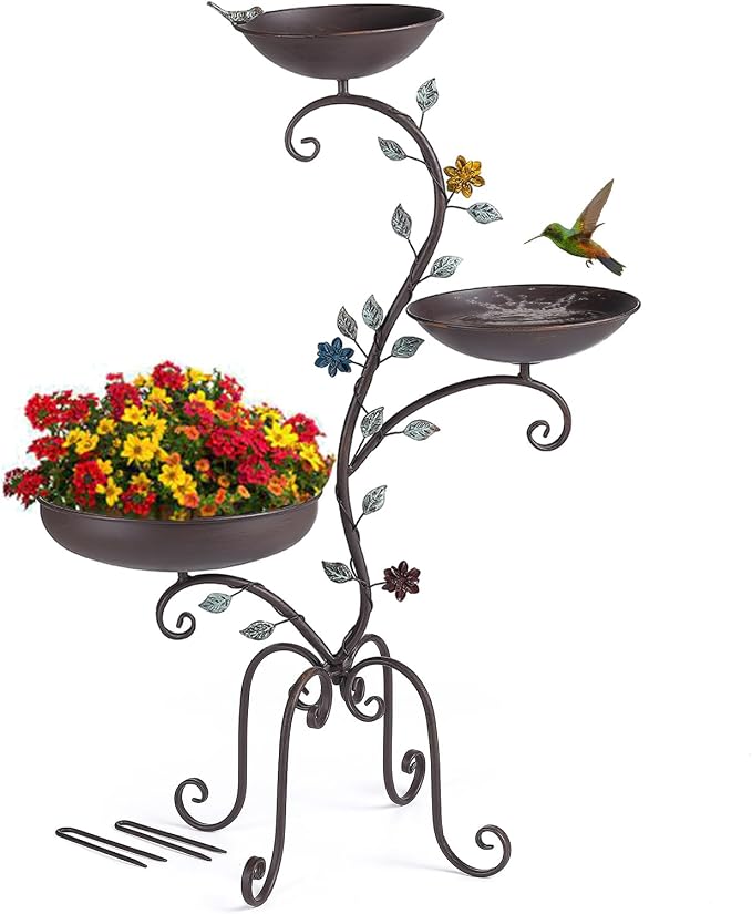 37" H Bird Bath Feeder and Planter for Outdoors, 3-in-1 Metal Birdbaths Stand Vintage Pedestal Bird Bowl for Outside Garden Yard Patio Lawn Decor