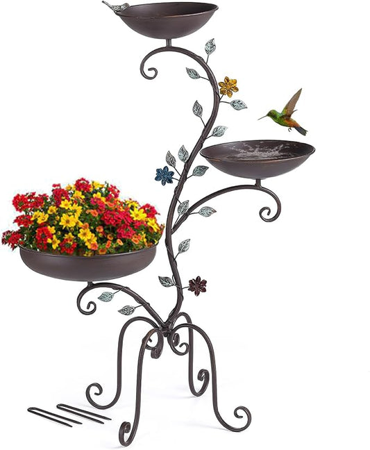 37" H Bird Bath Feeder and Planter for Outdoors, 3-in-1 Metal Birdbaths Stand Vintage Pedestal Bird Bowl for Outside Garden Yard Patio Lawn Decor