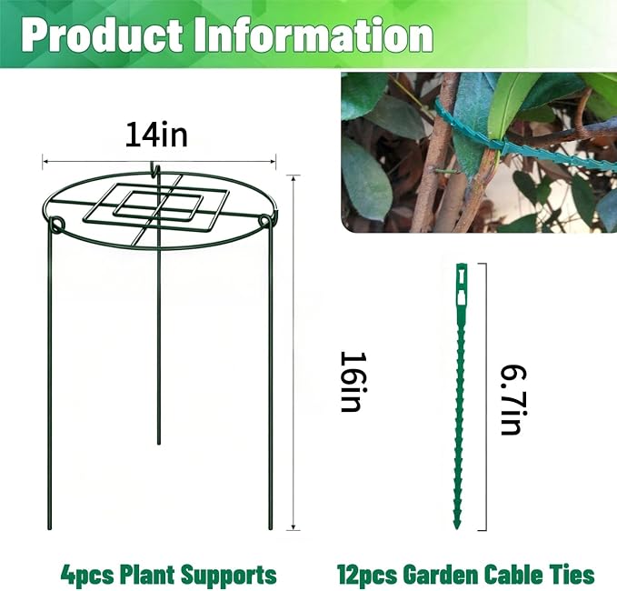 4 Pack Peony Cages and Supports, 14" D x 16" H Large Plant Supports for Outdoor Plants, Heavy Duty Flower Support Rings for Peonies, Roses, Hydrangeas, Tomatoes & More