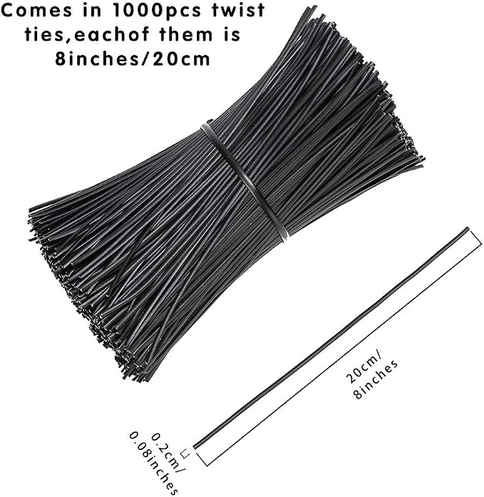 SumDirect 1000Pcs 8 Inch Plastic Twist Ties,Cable Ties for Making Facial Face Mask Plants Party Cello Candy Gift Bags Cake Pops-Black