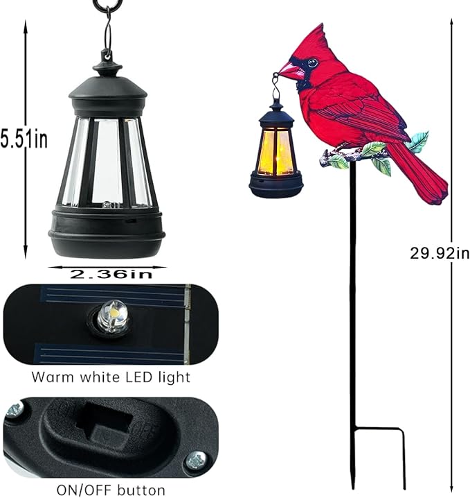 2 Pack Solar Lanterns Outdoor Decor Solar Bule Jay Lanterns Solar Cardinal Redbird Lights Metal Stake Yard Garden Decor Art Figurine Waterproof LED Lights Gifts for Mom Grandma Women (Red Bird)