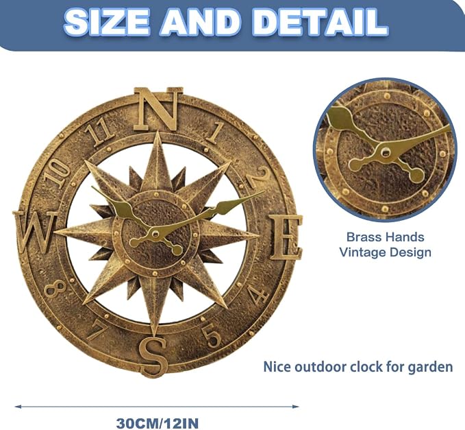 Outdoor Wall Clock 12in Garden Clock Waterproof Clocks Kitchen Home Clock for Garden, Patio and Deck -Not Silent (Bronze)