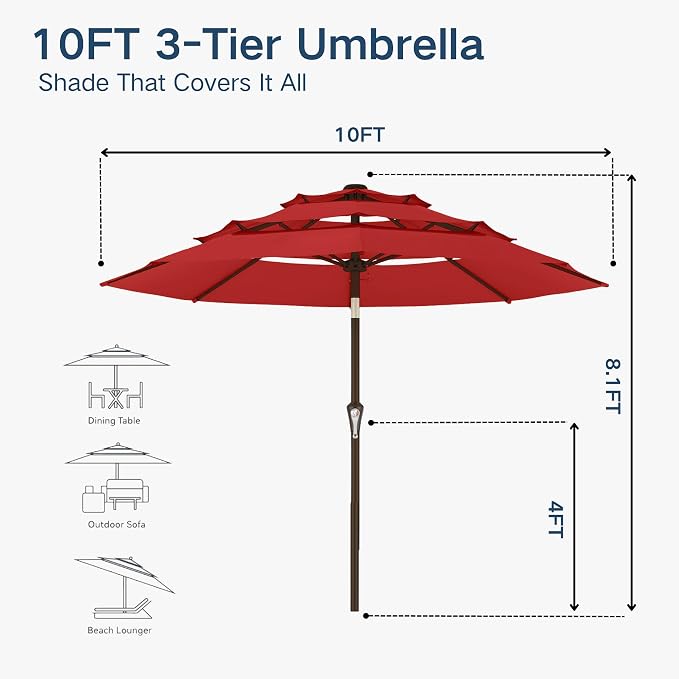 10FT Patio Umbrella 3 Tiers Outdoor Market Umbrella w/Push Button Tilt, Crank, UV and Waterproof Table Umbrella for Garden, Pool, Backyard, Deck, Lawn, Red