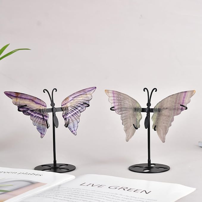 JIC Gem Rainbow Fluorite Crystal Butterfly Art Angel Wings Sculpture Carving,Healing Crystal Butterfly Ornaments Energy Decorative Stone Reiki Gifts (1pair, 10cm)