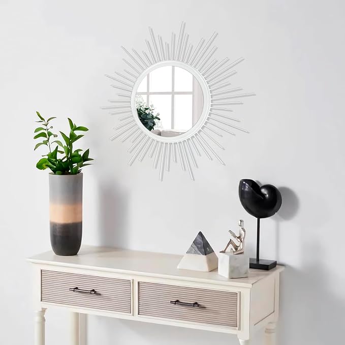 Sunburst Wall Mirror Spoked Home Circle Wall Art Mirror Classic Metal Modern Hanging Mirror, Decor Living Room Bathroom Bedroom Entryway Vanity Office Hallway Housewarming Large 16" White
