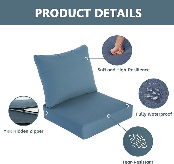 Goodgoods 25 x 25 Outdoor Patio Deep Seat Cushions 2-Pack, Fade-Resistant & Water-Resistant Furniture Chair Cushions with 35D High-Resilience Foam for Sofa, Light Blue