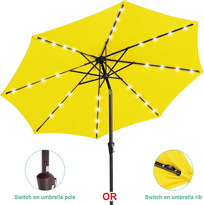JEAREY 9FT Outdoor Patio Umbrella with Solar Lights, LED Lighted Pool Umbrella with Tilt and Crank, Outdoor Table Umbrellas for Deck, Yard & Market (Lemon)