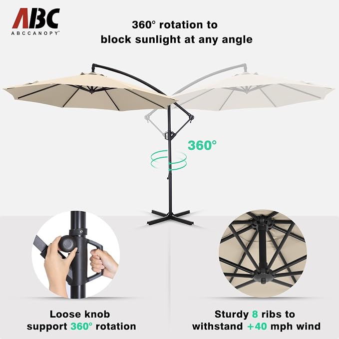 ABCCANOPY 10FT Cantilever Patio Umbrella with base included, 360° Rotation Outdoor Offset Umbrella for Backyard, Deck, Poolside (Creamy White)