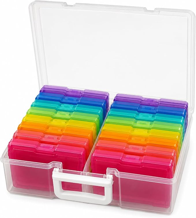 4E's Novelty 16 Pack Clear Multicolor Photo Box for Crafts, Supplies 4x6 Photo Cases & Photobox, Classroom Storage and Organization Box Plastic Transparent for Scrapbooking Container Organizer