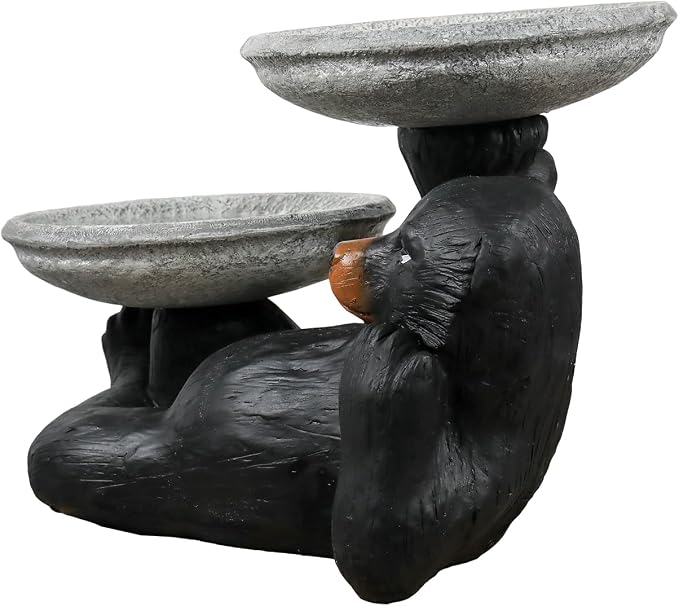 SunJet 18" Fibre Reinforced Concrete Outdoor Birdbath, 2-Tier Black Bear Bird Bath & Bird Feeder, Bird Bath Garden Decor with Dual Basins for Patio, Backyard, Lawn